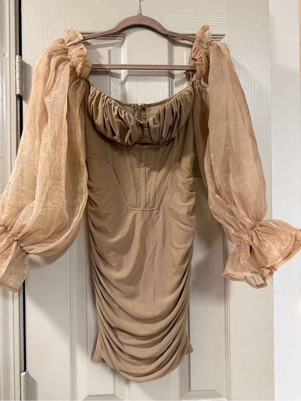 SHEIN Tan Puff-Sleeve Ruched Off-Shoulder Midi Dress